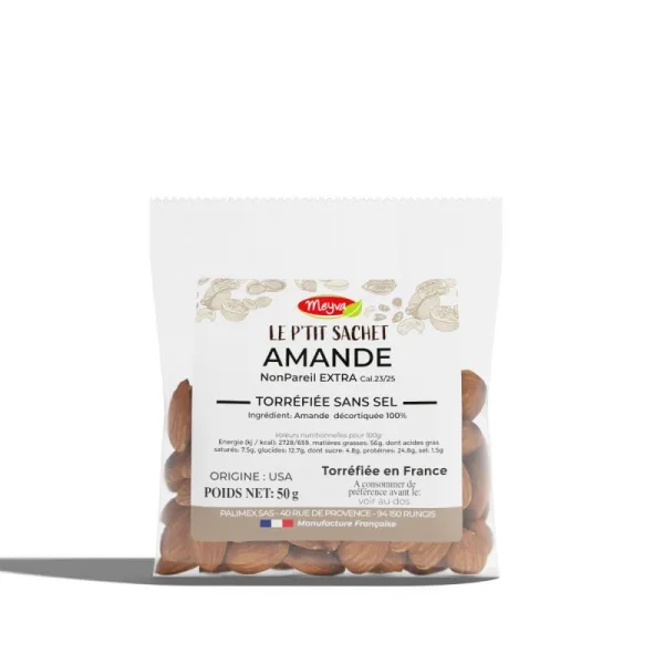 Amande NonPareil EXTRA 23/25 - Torréfiée SANS SEL - 20X50G - Le p'tit sachet