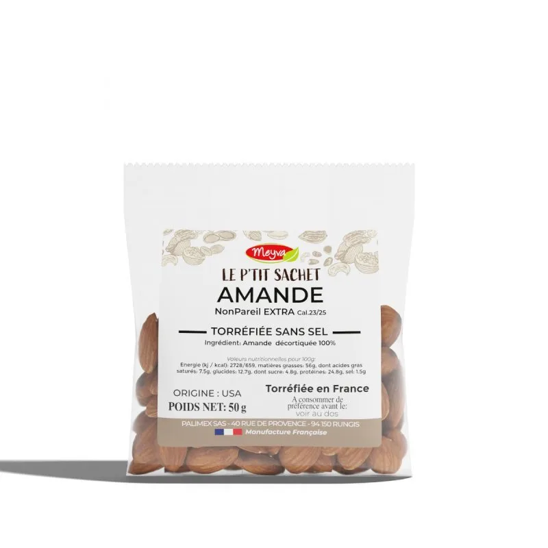 Amande NonPareil EXTRA 23/25 - Torréfiée SANS SEL - 20X50G - Le p'tit sachet - 2