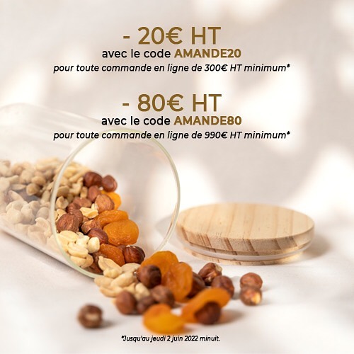 - 20€ HT avec le code AMANDE20 pour toute commande en ligne …